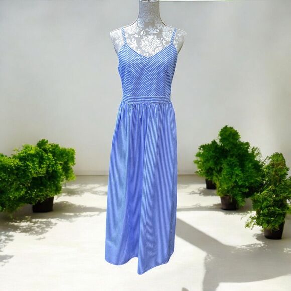 Loft Medium Blue White Striped Sleeveless Maxi Dress Nautical Coastal Summer - Picture 1 of 13